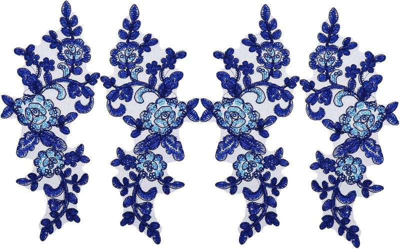 Micro Traders 2 Pairs Embroidery Sequin Lace Appliques Mirror Pair Sew On Flower Fabric Collar Patch for Motif Wedding Gown Dress Bridal Dress DIY Crafts Royal Blue, 23.5x10cm - Image 1